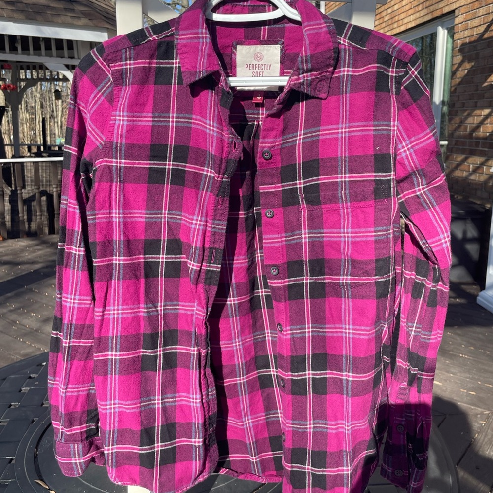 Pink and black plaid button up